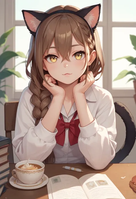   UVAO, score 9, UVAO, 1girl, solo, cat ears, cat tail, hair between eyes, bow, single braid, long hair, yellow eyes, brown hair,   she sits at the table opposite the viewer