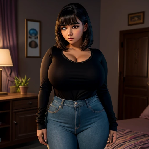 Dark nightmarish movie style, a petite cute shy innocent slightly chubby with monstously huge fat size breasts Mexican nerdy emo teen, short volumetric hair, beautiful detailed brown eyes, cutely detailed lips, super cute highly detailed eyes and face, rou...