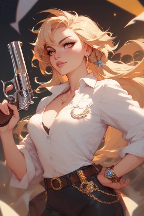 a girl in a shirt and pants with a revolver in her hand with blonde hair and yellow eyes with a historic city in the background 