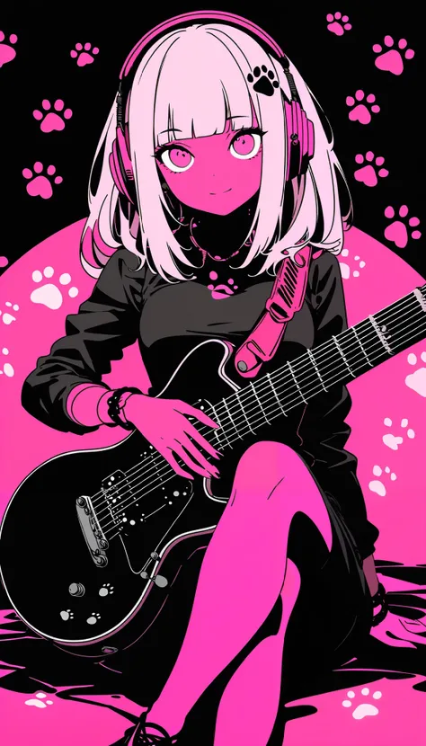 1girl, solo, breasts, sitting, full body, pink hair, pants, medium hair, blunt bangs, colored skin, headphones, crossed legs, limited palette, paw print, holding instrument, electric guitar, flat color, (perfect anatomy), ((32k)), ((best quality)), ((ultra...