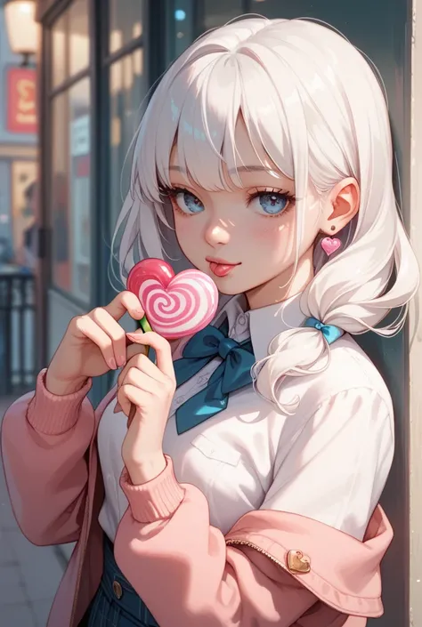 Anime girl with long white hair holding heart candies 