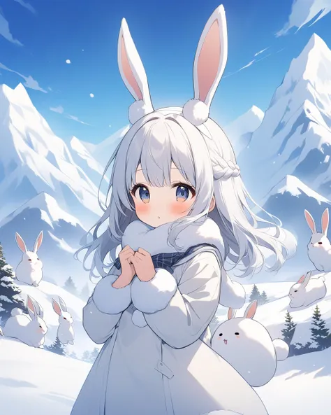 {  top quality }, {  BEST ILLUSTRATION }雪rabbit、rabbit、白いrabbit、perfect animal、Snowy Mountain Animals 、rabbitのキャラクター、The background is snowy mountains、rabbitの王様