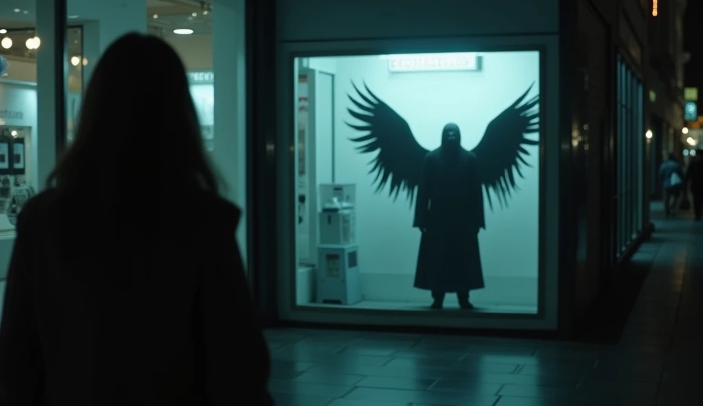 Night, realistic, first-person view from here eyes at the left side of shopping windows, The view is directly to the window,  In the glass, alongside her reflection, a haunting shadow of a dark man figure with  wings appears