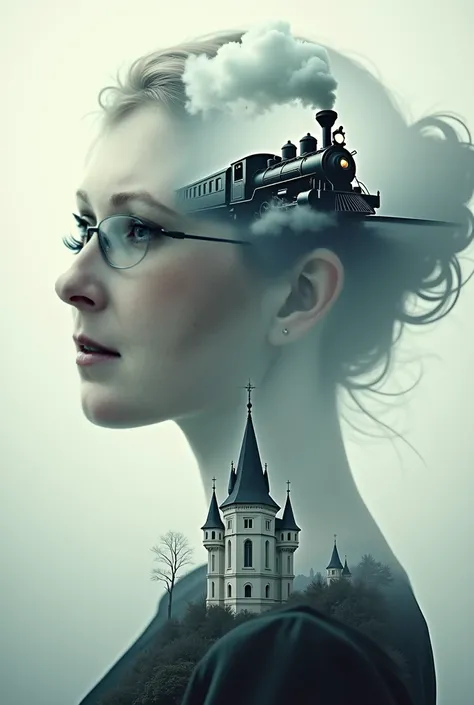 Double exposure
face transparent with long eyelashes,
scarlet lips,
fantastic train, rides above the clouds, side view
white castle in the background
monochrome, storm clouds background, black and white art,surrealism
realistic professional photography