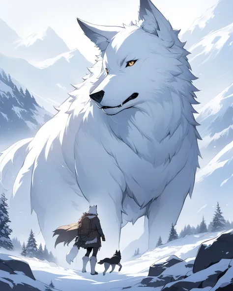 {  top quality }, {  BEST ILLUSTRATION }The background is snowy mountains、The four-legged beast、 big wolf 