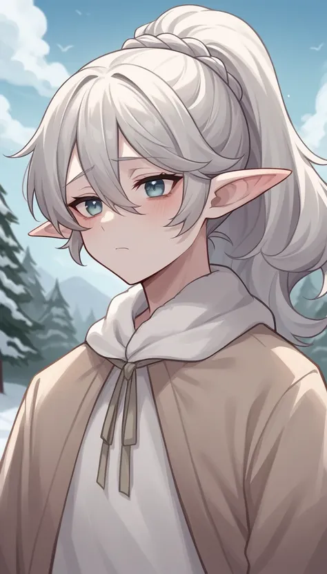     high quality   ,    Very detailed illustration , ( Elf Boy:1,7),  pointy ears  ,snow-white skin ,   disheveled fluffy hair with a ponytail ,  tired look ,  grey circles under eyes  , Slim,    perfect body , простой Drawing, Artifyber style, Drawing,   ...