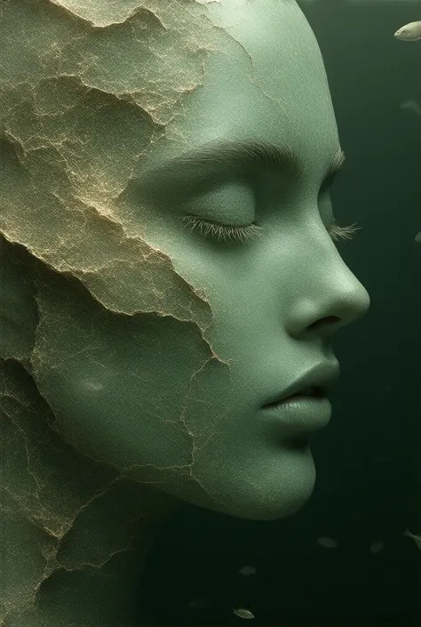 Create a surreal underwater portrait depicting a sculpted female face with complex organic patterns: Facial structure and texture: - Carved marble appearance with a pearlescent, slightly textured surface - One closed eye with exquisitely detailed eyelashes...