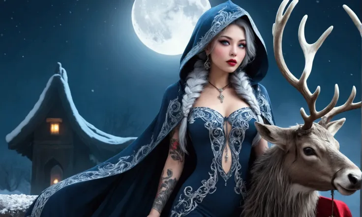 a cute woman, moon witch, age 20, amazing butt, extensive tattoos, sheer dark gown with intricate blue silver embroidery, no underwear, exotic hairstyle, sultry and menacing expression, snowy moon temple, beautiful detailed eyes, beautiful detailed lips, e...