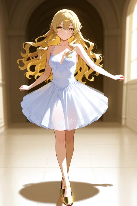 Long Blonde wavy hair golden eyes ballerina woman dancing in a magic land using magic wearing a white delicate dress with golden slippers 