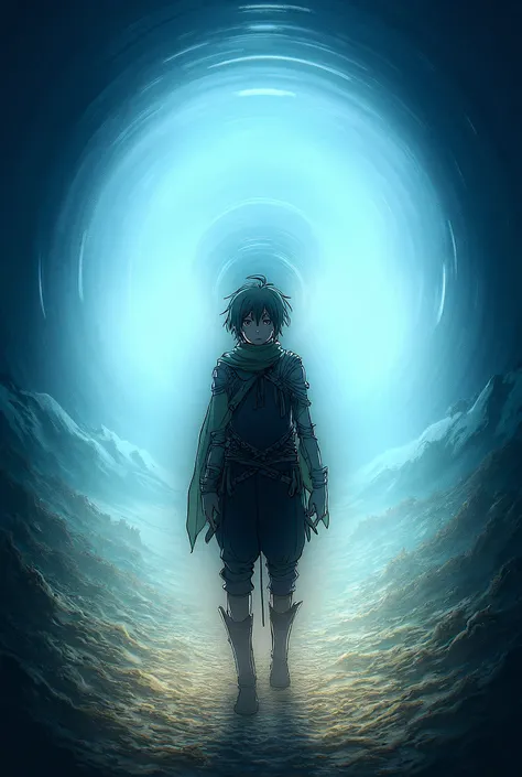 Anime style, Boy in a ragged fantasy armor walking out of a Rift like portal.