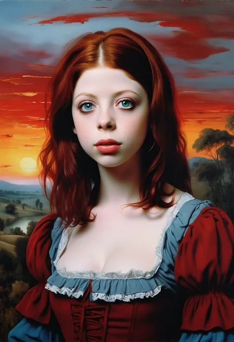 [[( front full figure portrait : young Michelle Trachtenberg (aesthetics, One!!!)  with big beautiful eyes and red bob hair, Crimson)(( Kuno-Amiet style !!!))])):20]/[background: Renaissance landscape , old canvas, ( silver fog sunset ), (( Alexey Savrasov...