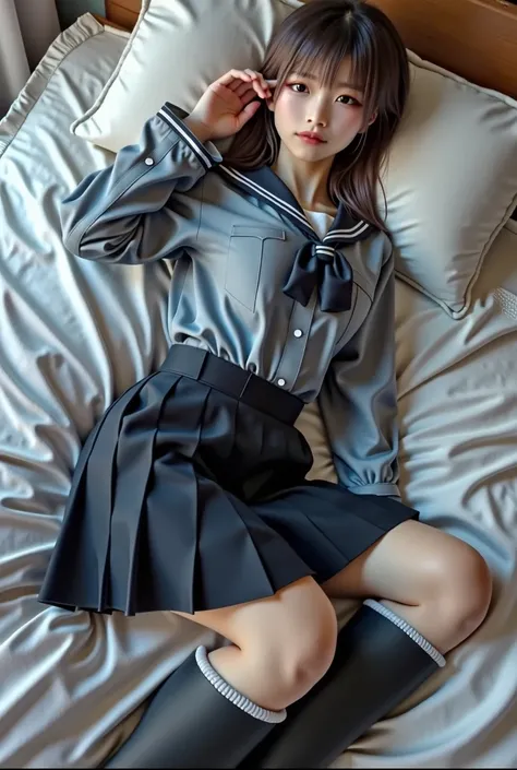  Japanese high school girl, one person, and lies in bed , whole body, School Uniform,Long riding boots , white liquid,  Ultra Realistic , masterpiece, 