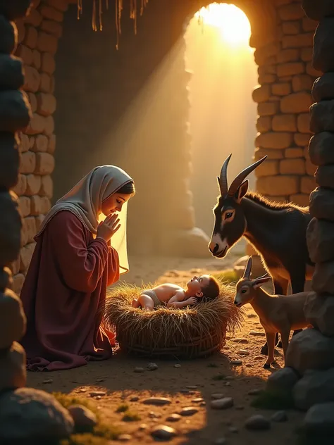 A soft sunrise illuminates the scene, bathing the rustic manger where the Christ  rests serenely. The Virgin Mary, with a gaze of love and reverence, watches the little Savior tenderly, her hands lovingly close to His face. A donkey and two goats, as if in...