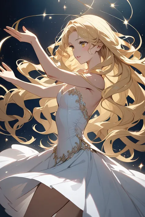 Long Blonde wavy hair golden eyes ballerina woman dancing in a magic land using magic wearing a white delicate dress 