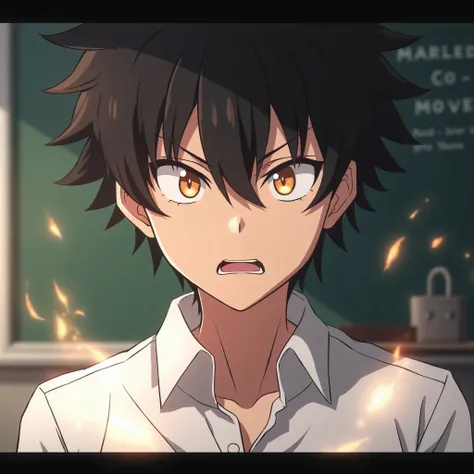  A close-up, anime-style focus on Dnzi’s sharp, intense eyes snapping open. His gaze is anger, and an ethereal, glowing aura begins to emanate around him, symbolizing his growing anger. wearing white shirt, The classroom background blurs slightly to emphas...