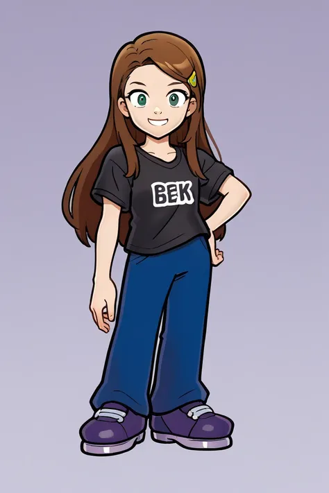 score_9, score_8_up, score_7_up, BREAK, source_anime,  1girl, solo, Diana, long hair, brown hair, green eyes,  shirt,  black shirt,  oversized shirt, short sleeves, blue pants, purple shoes, cowboy shot, smile, hand on hip, purple tanktop 