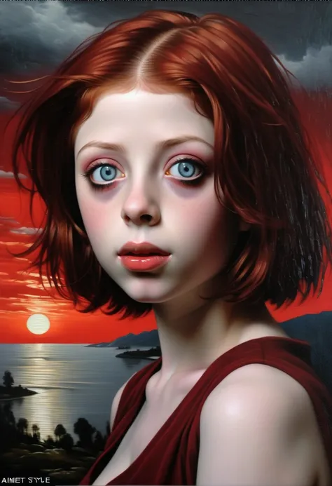 [[( front full figure portrait : young Michelle Trachtenberg((tenebrosso , Chiaroscuro (aesthetics, One!!!)  with big beautiful eyes and red bob hair, Crimson)(( Kuno-Amiet style !!!))])):20]/[background: Renaissance landscape , old canvas, ( silver fog su...