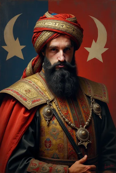 An Ottoman visier head, with intricate turban, aggressive, with Islamic takke and sarik behind the head, painting style. Rich clothes, colorfull, battle equipment, flag of the beogradski pashaluk in the background, alone, brown, black, red and white beard