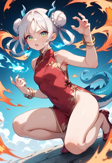 ((masterpiece, best quality, ultra detailed, high resolution, detailed facial description)), (solo, 1 girl), (cheongsam clothing), (hair rings, double bun), (dragon horn, dragon tail), (tsurime:1.3, slit pupils), (heel shoes, bangle), (fighting pose), (mig...