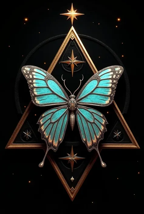 3d render, mystical occult butterfly in gold frame, sacred geometry, symmetrical triangle design, geometric, symmetrical, textured iridescent ocean colors, vector style, galaxy gold stars on black background, prism