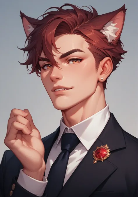 A handsome cat-eared man with short hair, wearing a splendid red and black suit, and has a well-proportioned body.