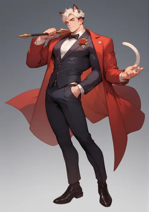 A handsome man with cat ears, short hair, wearing a gorgeous black and red suit, and with an attractive physique, full-body image