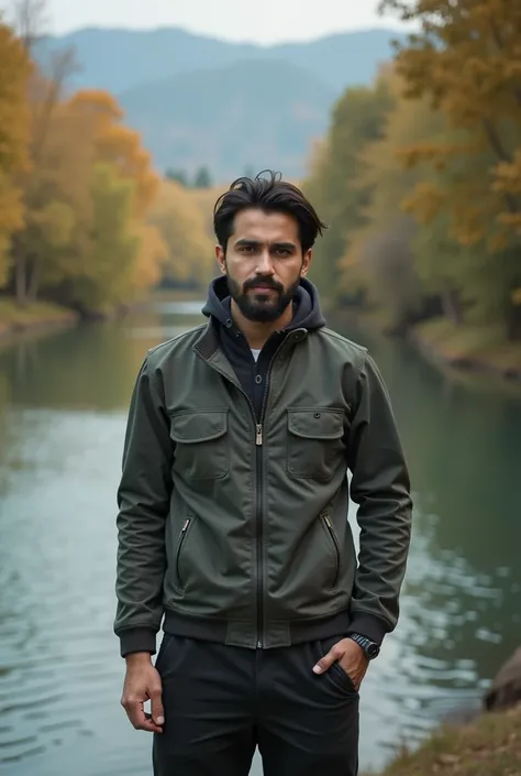 arafed man standing in front of a river with trees in the background, a picture by Riza Abbasi, trending on dribble, realism, very very low quality picture, very clear picture, around 1 , khyzyl saleem, kyza saleem, a photo of a man, very clear image