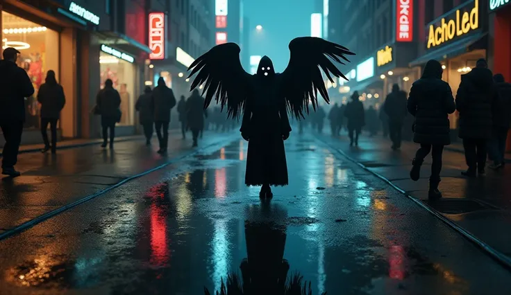 Night, realistic, new york city, shopping road, first-person view from above, in a puddle on the ground, a haunting shadow reflection of a dark man figure with  wings appears