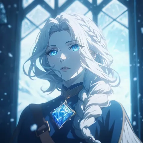 1female, beautiful woman, mature woman, white hair, beautiful eyes, detailed eyes, blue pupils, crystals on chest, intimidating gaze, winter atmosphere, white snow, white aura.