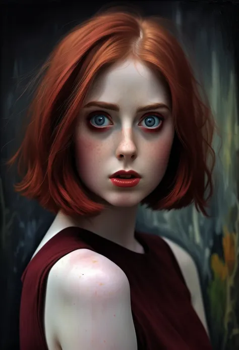 [[( front full figure portrait :  young Karen Gillan(( tenebrosso , chiaroscuro  (aesthetics, One!!!)  with big beautiful eyes and red bob hair, Crimson)(( Kuno-Amiet style !!!))])):20]/[background: Renaissance landscape , old canvas, (Dark Studio), ((dark...