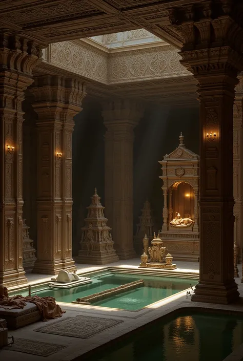 Under the soft glow of the moonlight, an ancient South Indian bathhouse, nestled within a grand palace, unveils its stunning multi-layered architecture. Intricately carved stone pillars and designs in the Dravidian style reflect in the tranquil, silvery li...