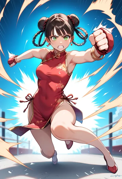 ((masterpiece, best quality, ultra detailed, high resolution, detailed facial description)), (solo, 1 girl), (cheongsam clothing), (hair rings, double bun), (tsurime:1.3, slit pupils:1.1), (heel shoes, bangle), (fighting pose, punching, Straight punch:1.3)...