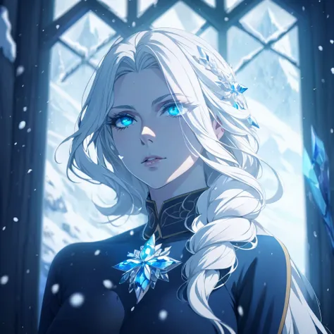 1female, beautiful woman, mature woman, white hair, beautiful eyes, detailed eyes, blue pupils, crystals on chest, intimidating gaze, winter atmosphere, white snow, white aura.