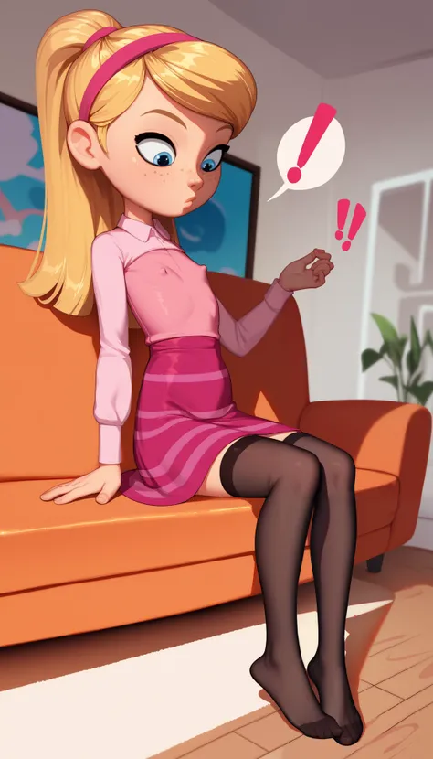 1girl, full body, solo, young girl, 9- year old, penny peterson, long hair, blue eyes, freckles, blonde hair, skirt, hairband, cyan ribbon, ponytail, black sexy stockings, pink dress, long sleeves, no shoes, score_9, score_8_up, score_7_up, score_6_up, sco...