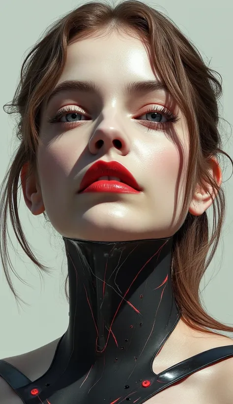 A beautiful ((evil slavic woman)), pale skin, long light brown hair, with robotic features as a closeup shot of the face and neck, with circuitry on her skin, clean lines, minimal details, cyberpunk, portrayed, futuristic design, in a 2D flat composition, ...