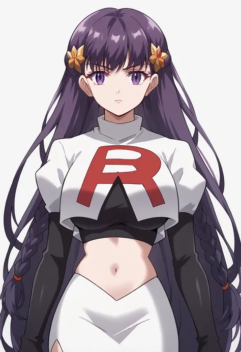 score_9, score_8_up, score_7_up, source_anime, elfine phillet, long hair, bangs, hair ornament, purple eyes, purple hair, braid, half updo, large breasts,, looking at viewer, solo,, team rocket,team rocket uniform,white skirt,red letter R,crop top,black th...