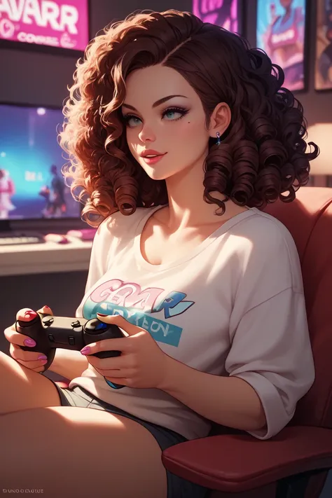 female gamer character , holding video game controller in hand, cores neon,  curly hair,  high quality