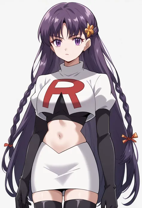 score_9, score_8_up, score_7_up, source_anime, elfine phillet, long hair, bangs, hair ornament, purple eyes, purple hair, braid, half updo, large breasts,, looking at viewer, solo,, team rocket,team rocket uniform,white skirt,red letter R,crop top,black th...