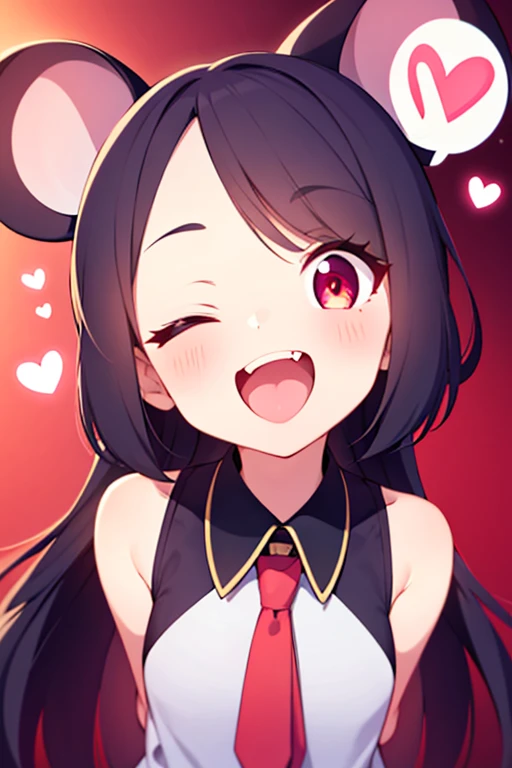 1 girl, open mouth, (one eye closed), smile, blush, stick out tongue, mouse ears, crazy eyes: 1.2, long tongue, fang,, glowing eyes, kawaii, heart spoken,arms behind back,peeing,