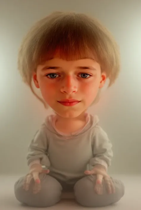 A highly realistic depiction of a young boy with a disproportionately large head compared to his body, featuring lifelike details such as smooth skin, expressive large eyes, and soft textured hair. His facial features are slightly exaggerated, with a frien...