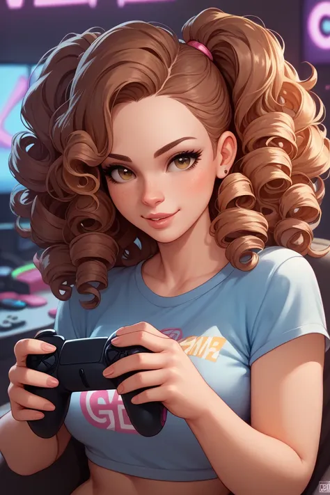 female gamer character , holding video game controller in hand, cores neon,  curly hair, hazel eyes,  high quality