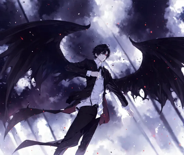 1male, ((masterpiece)), ((high quality)), best resolution)), ((4k, bias color, amazing color, perfect picture)), black hair, white clothes, black shirt, black pants, handsome face, black and white sky, red light, big black wings, black particles.