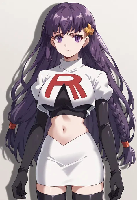 score_9, score_8_up, score_7_up, source_anime, elfine phillet, long hair, bangs, hair ornament, purple eyes, purple hair, braid, half updo, large breasts,, looking at viewer, solo,, team rocket,team rocket uniform,white skirt,red letter R,crop top,black th...