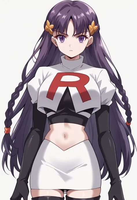 score_9, score_8_up, score_7_up, source_anime, elfine phillet, long hair, bangs, hair ornament, purple eyes, purple hair, braid, half updo, large breasts,, looking at viewer, solo,, team rocket,team rocket uniform,white skirt,red letter R,crop top,black th...