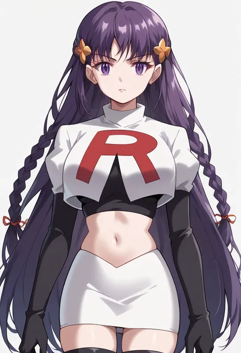 score_9, score_8_up, score_7_up, source_anime, elfine phillet, long hair, bangs, hair ornament, purple eyes, purple hair, braid, half updo, large breasts,, looking at viewer, solo,, team rocket,team rocket uniform,white skirt,red letter R,crop top,black th...