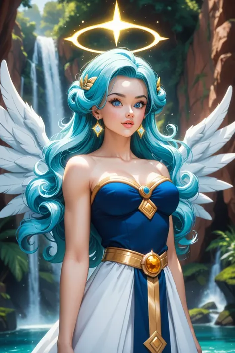 Dragon Ball Female Saiyan Angel radiates celestial elegance, her blue skin glowing with a soft blue hue that exudes divine energy. Her long, flowing hair cascades like an endless waterfall of luminescent sapphire, tied into a celestial bun with strands gen...