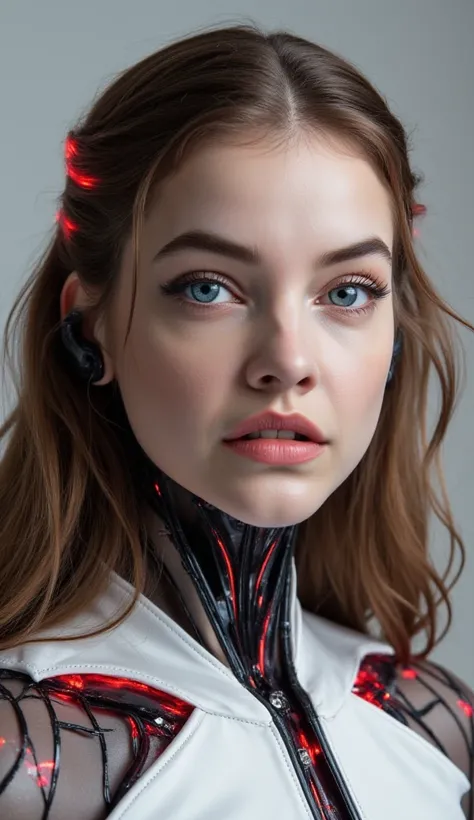 A beautiful ((evil slavic woman)), pale skin, long light brown hair, with robotic features as a closeup shot of the face and neck, with circuitry on her skin, clean lines, minimal details, cyberpunk, portrayed, futuristic design, in a 2D flat composition, ...