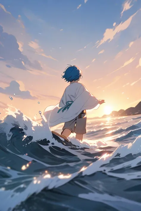  Boy with blue hair, with white clothes happily waves to the creature