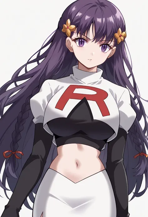 score_9, score_8_up, score_7_up, source_anime, elfine phillet, long hair, bangs, hair ornament, purple eyes, purple hair, braid, half updo, large breasts,, looking at viewer, solo,, team rocket,team rocket uniform,white skirt,red letter R,crop top,black th...