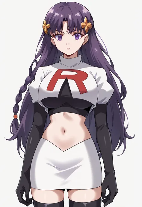 score_9, score_8_up, score_7_up, source_anime, elfine phillet, long hair, bangs, hair ornament, purple eyes, purple hair, braid, half updo, large breasts,, looking at viewer, solo,, team rocket,team rocket uniform,white skirt,red letter R,crop top,black th...